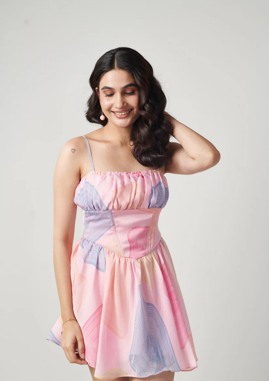 Siora flirty pink bubble print mini dress with ruffle details and bust gathers—ideal for day parties, getaways, and fun casual outings.