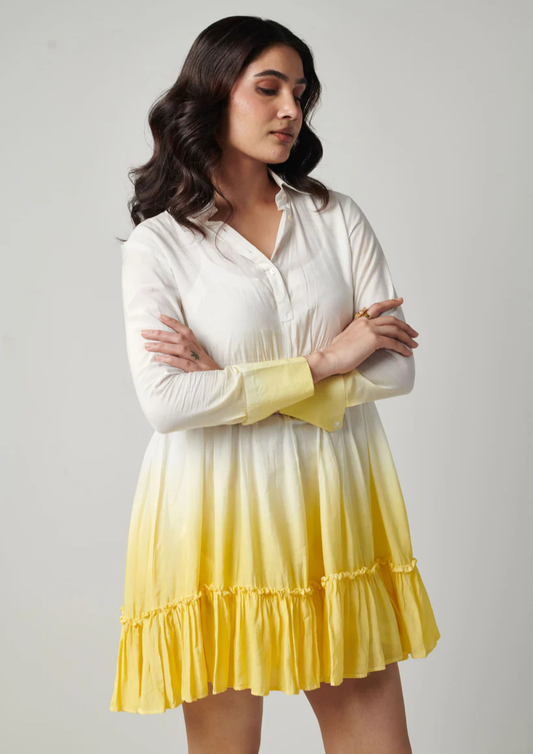 Siora cheerful yellow to white ombre cotton shirt dress with classic silhouette and inner lining—ideal for vacation looks, birthday brunches, and relaxed gatherings.