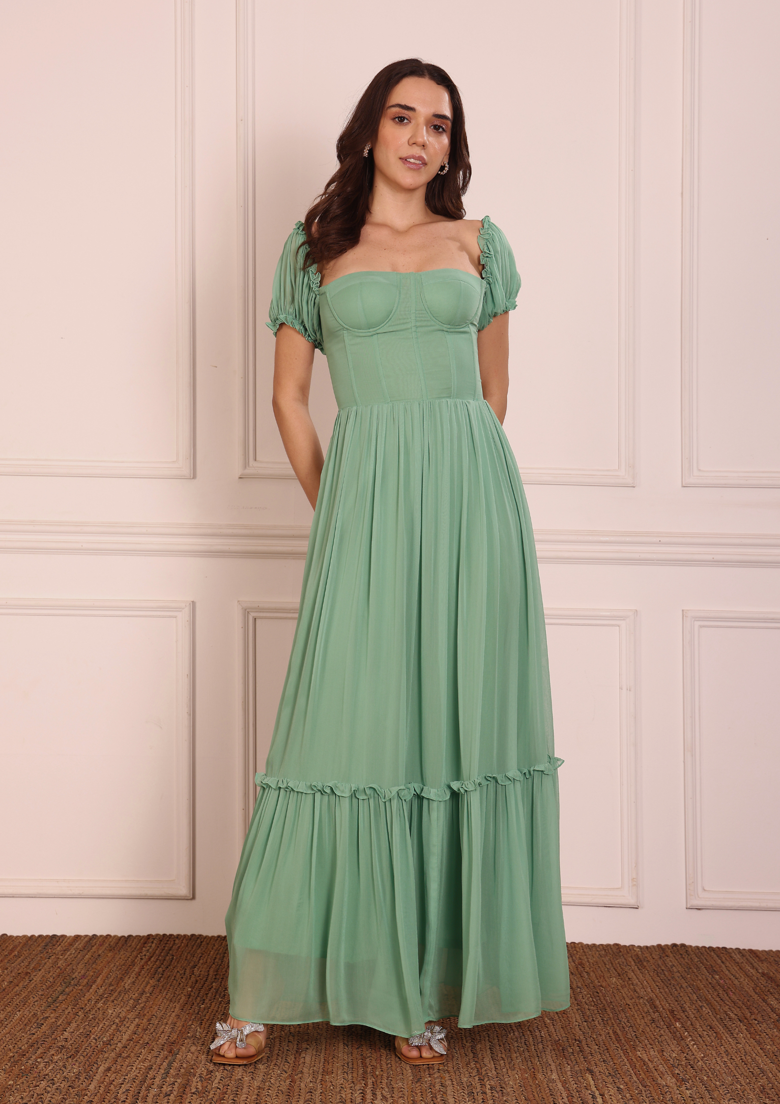 leafy green dress Dark Green Linen Dress with Square Neckline and Short Sleeves
