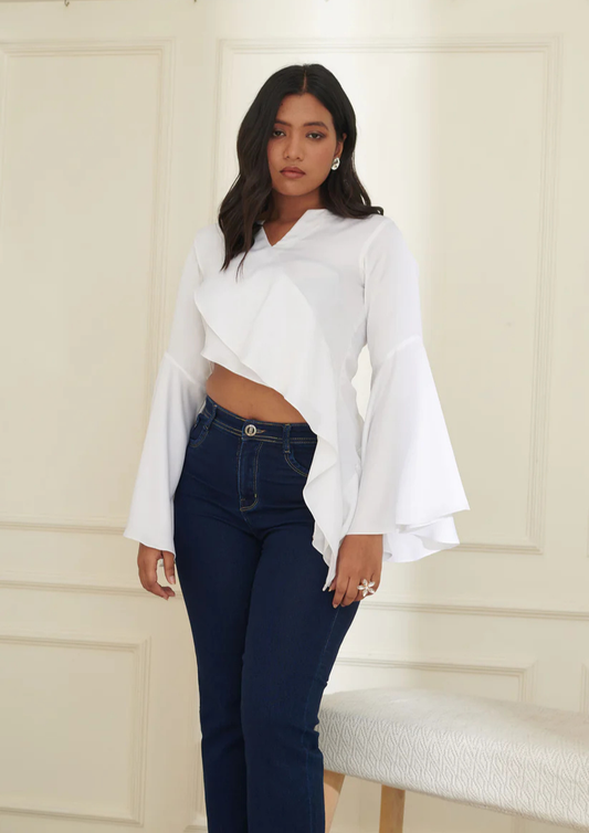 elegant white Lara satin top by Siora—features stylish asymmetric frills for a modern, high-end statement look.