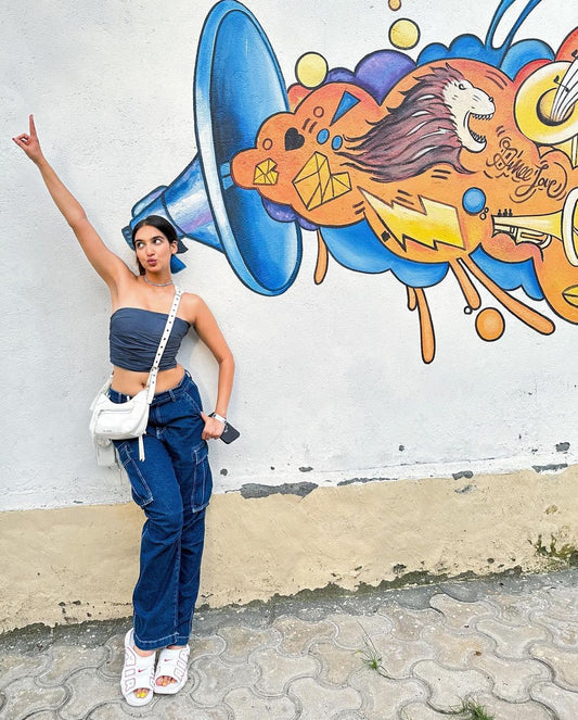 Sapna Malik in Seora Darla Denim Corset Top - Dark Blue Corset Top with Pleated Design and Adjustable Back Strap. Ideal for brunches, casual dates, beach parties, and vacation wear.