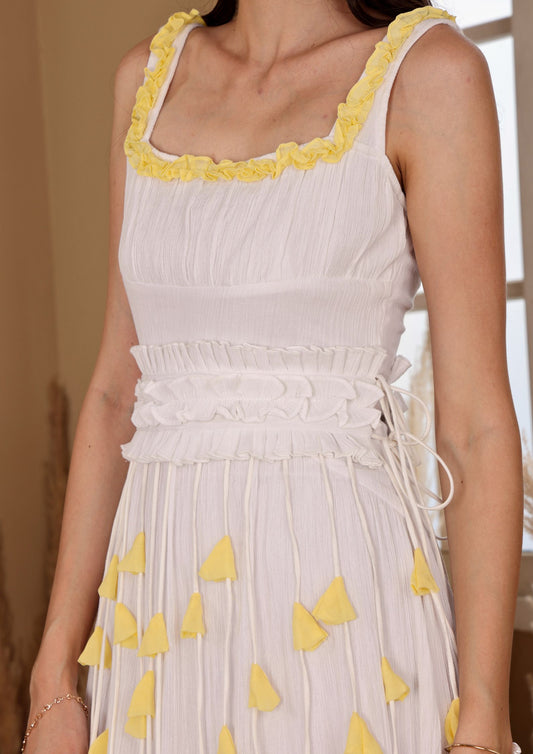 Siora Ivory Yellow Dress with gathered waist and 3D floral detail, perfect for sunset dates