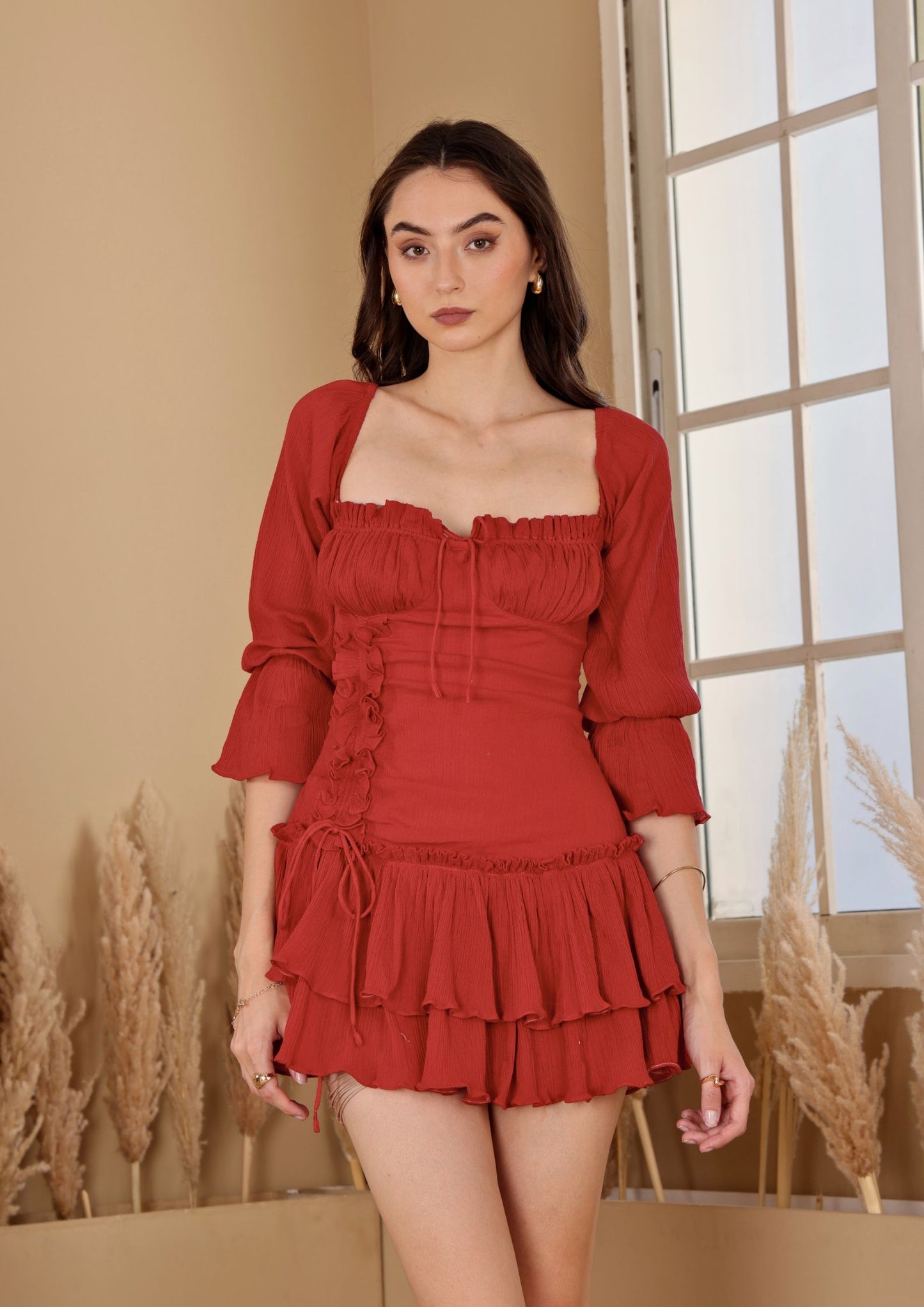 Sehora Bold Red Dress with romantic charm and statement style, perfect for night outings