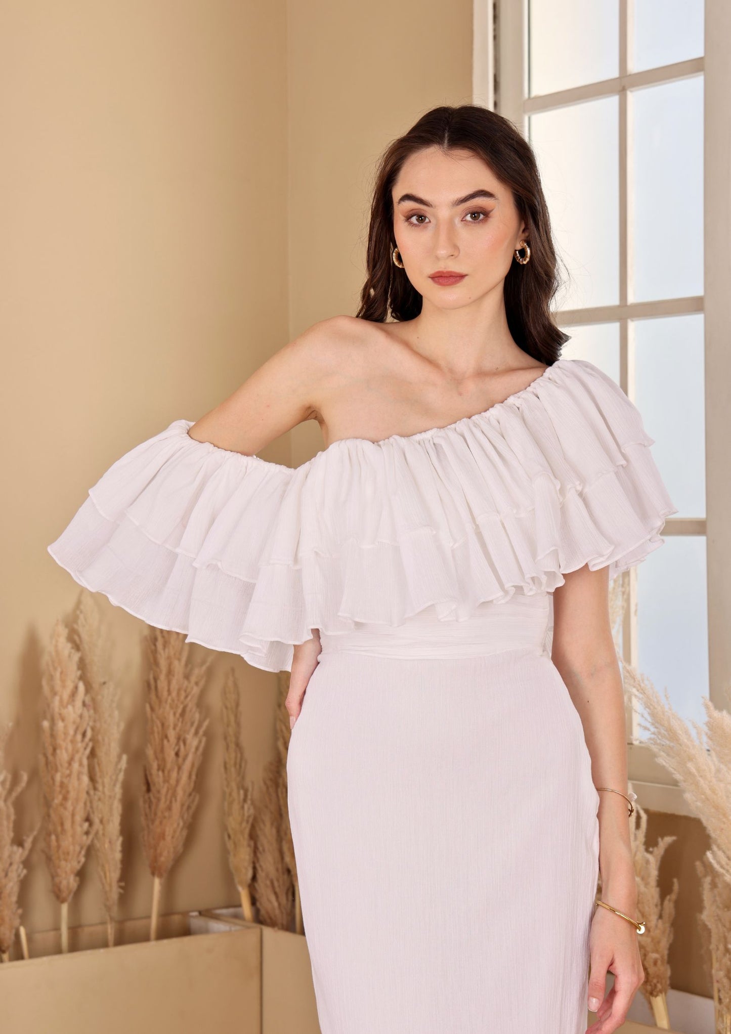 Sehora Elegant White Dress with romantic ruffle accents, perfect for resort wear