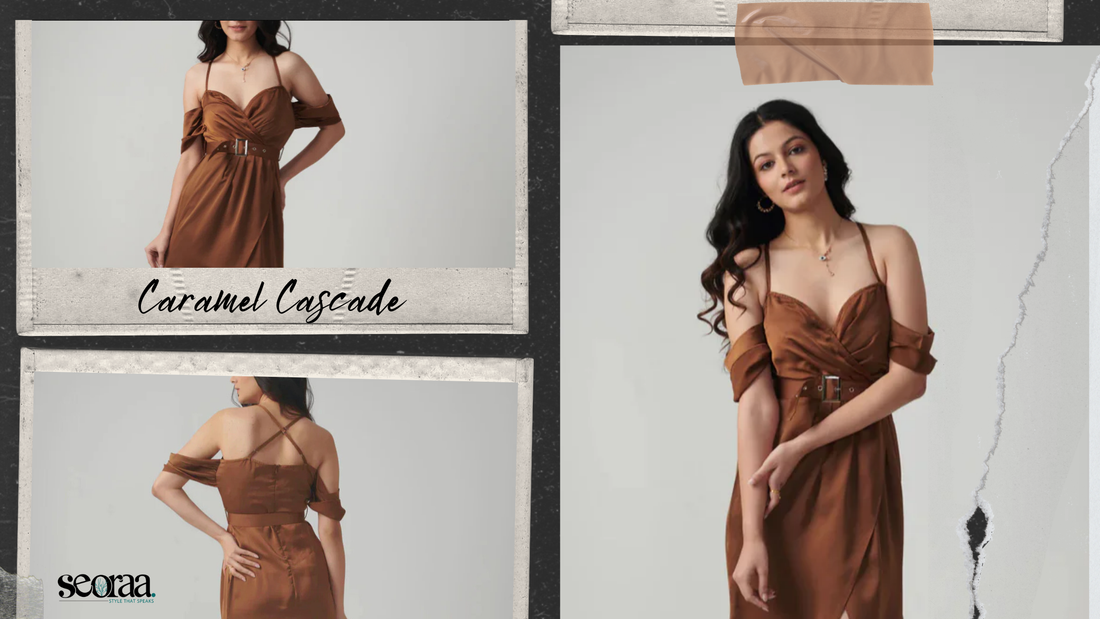 Caramel Cascade Dress – A Golden Caramel Satin Gown That Commands Attention