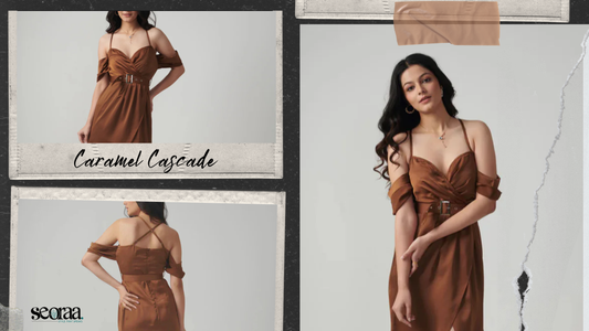 Caramel Cascade Dress – A Golden Caramel Satin Gown That Commands Attention