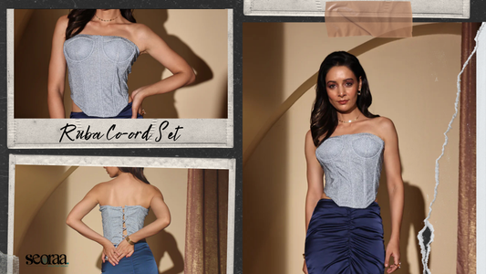 Ruba Co-Ord Set by Seoraa – Elegant Glamour in Icy Blue & Navy