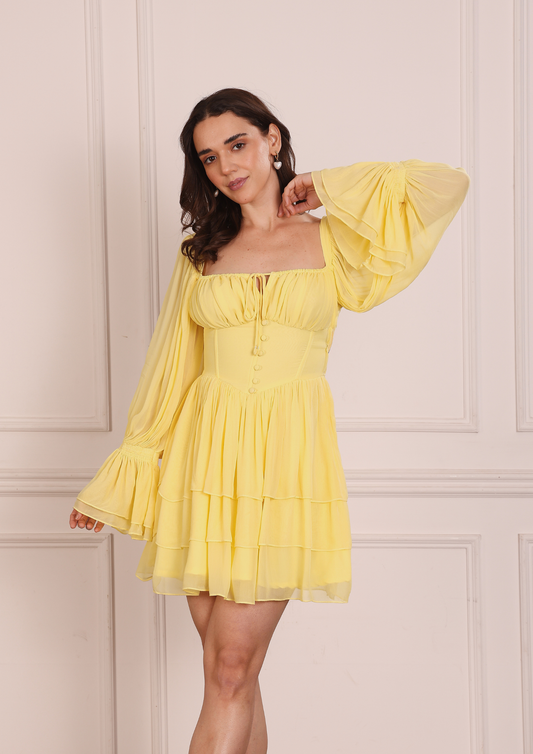 Seoraa Lunara Yellow Dress – Sunlit Georgette Dress with Flared Sleeves, Bustier Corset and Tiered Skirt