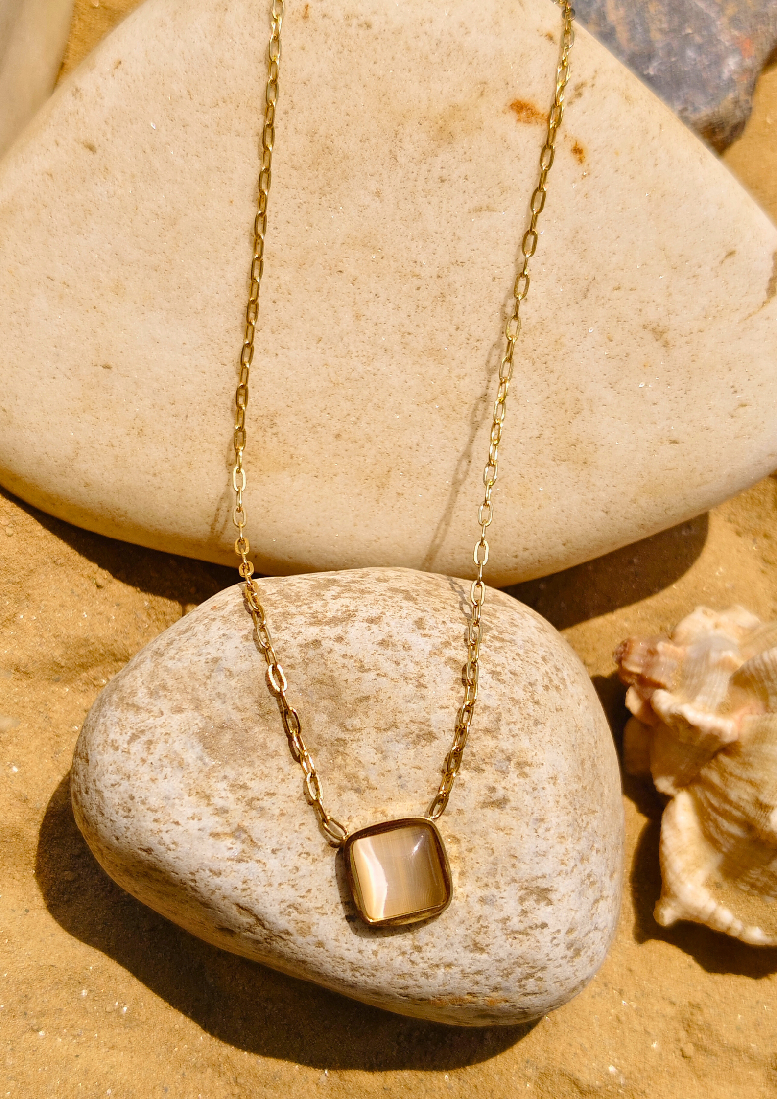 seoraa Celestia Spark Chain pendant in anti tarnish gold plated stainless steel with square cut charm – waterproof, trendy, and perfect for everyday wear statement style