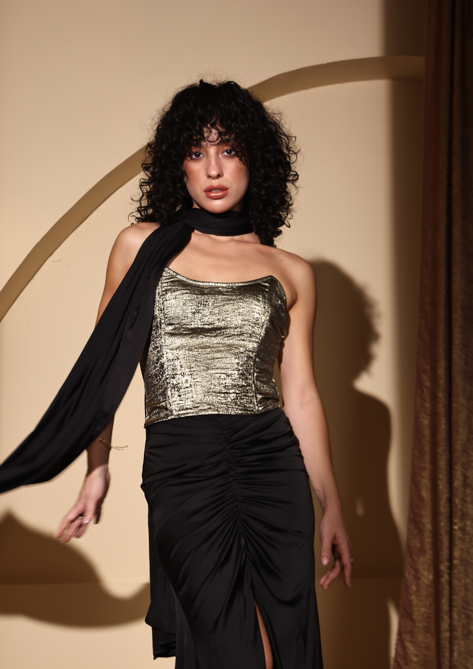 Seeora Luxe Golden Corset Top with boned design, golden shimmer, and a back zipper – perfect for luxury wear, festive events, Diwali parties, and New Year's celebrations.