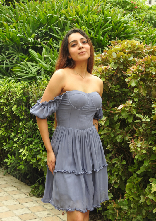 Seoraa Dovelle Bluish Grey Dress – Elegant Chiffon Dress with Corset Bodice, Off Shoulder Puff Sleeves and Tiered Skirt
