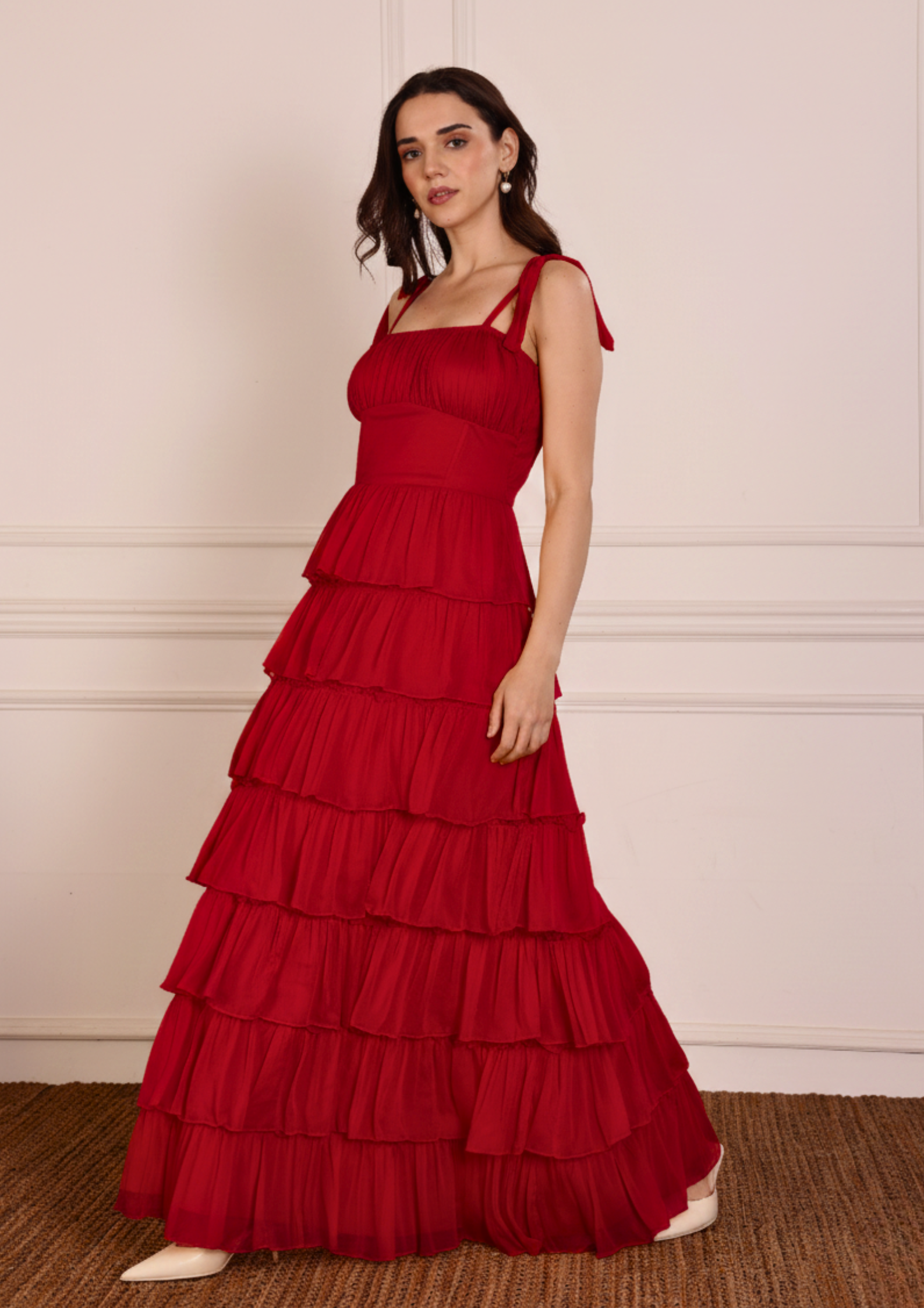 Seoraa Vivienne Red Gown – Tiered Chiffon Gown with Square Neckline, Tie Up Straps and Flowing Ruffles