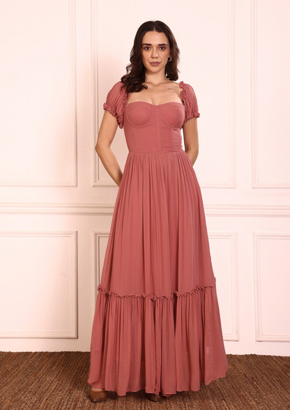 Seoraa Theresa Gaajari Coral Maxi Dress – Elegant Georgette Maxi Dress with Corset Bodice, Puff Sleeves and Flowing Skirt