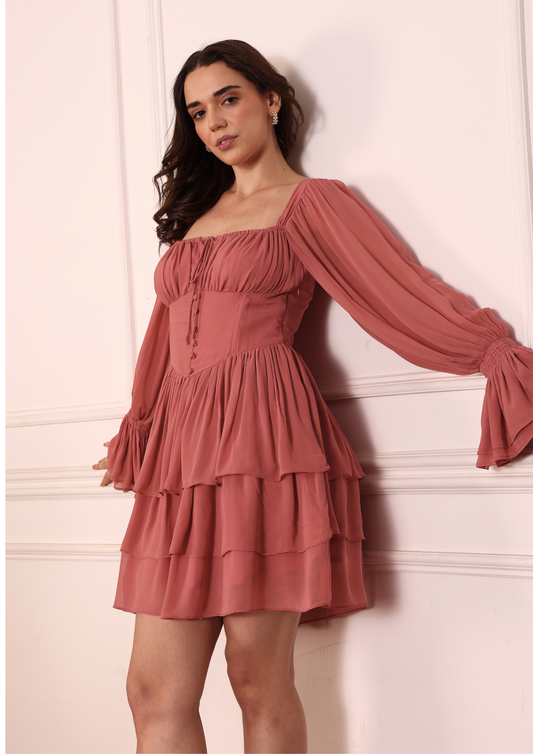 Seoraa Rosamira Pyazi Pink Dress – Romantic Georgette Dress with Flared Sleeves, Bustier Corset and Tiered Skirt