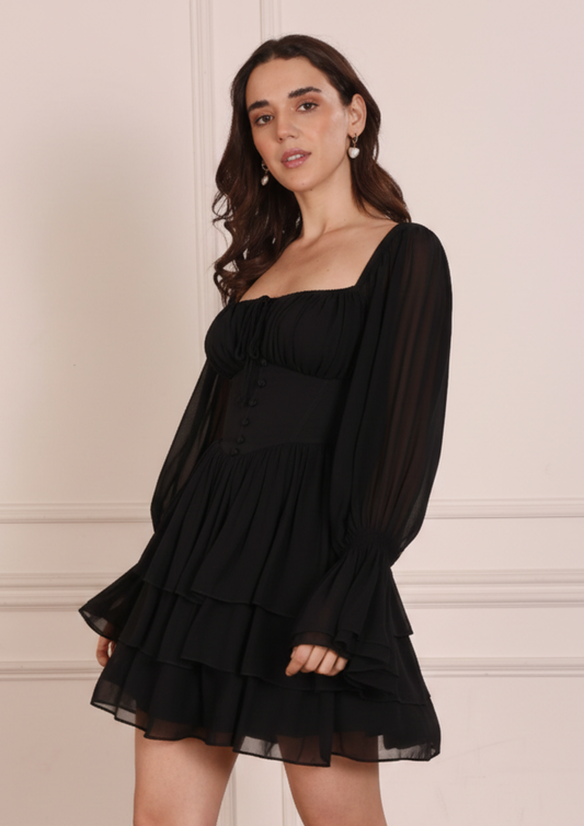 Seoraa Ebonique Black Dress – Elegant Georgette Dress with Flared Sleeves, Bustier Corset and Tiered Skirt