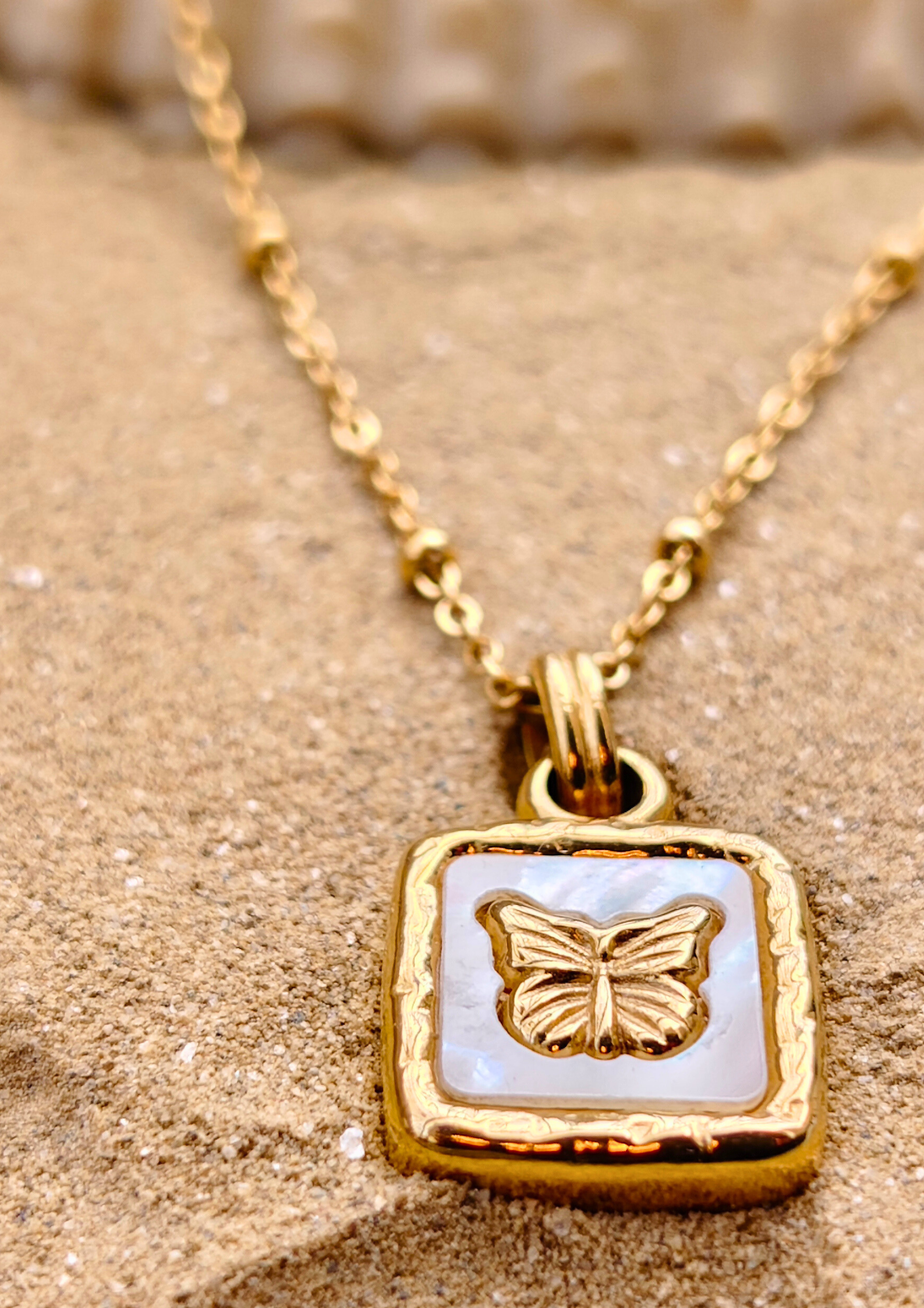 siora jewellery Whispering Wings Pendant – vintage-inspired butterfly engraving on square charm with gold chain, Seoraajewels waterproof anti tarnish pendant for statement style.