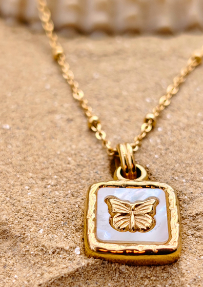 siora jewellery Whispering Wings Pendant – vintage-inspired butterfly engraving on square charm with gold chain, Seoraajewels waterproof anti tarnish pendant for statement style.