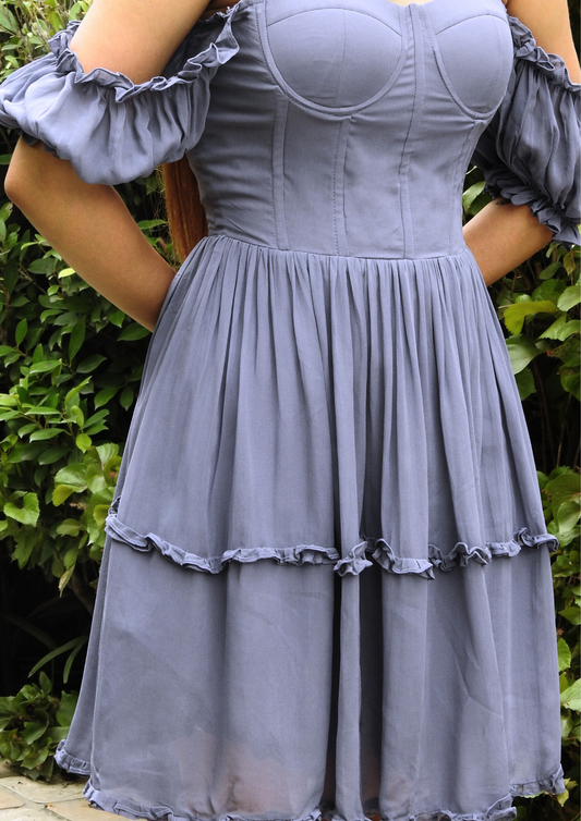 Siora Dovelle Dress in Bluish Grey – Romantic Chiffon Dress with Lace Up Back, Ruffled Hem and Flowing Silhouette