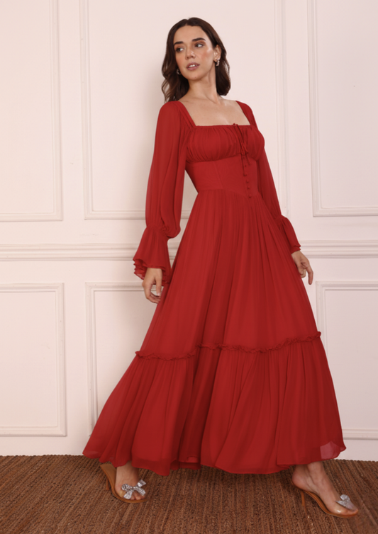 Seoraa Mi Amor Red Bustier – Romantic Georgette Bustier with Flared Sleeves, Soft Gathers and Frill Details