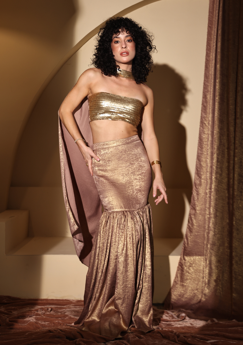 Seoraa Luxe stunning Zareen Lehenga Set in gold, featuring a shimmering sequined strapless blouse, a metallic flared lehenga, and a matching dupatta—perfect for Diwali, sangeet, and upscale festive occasions