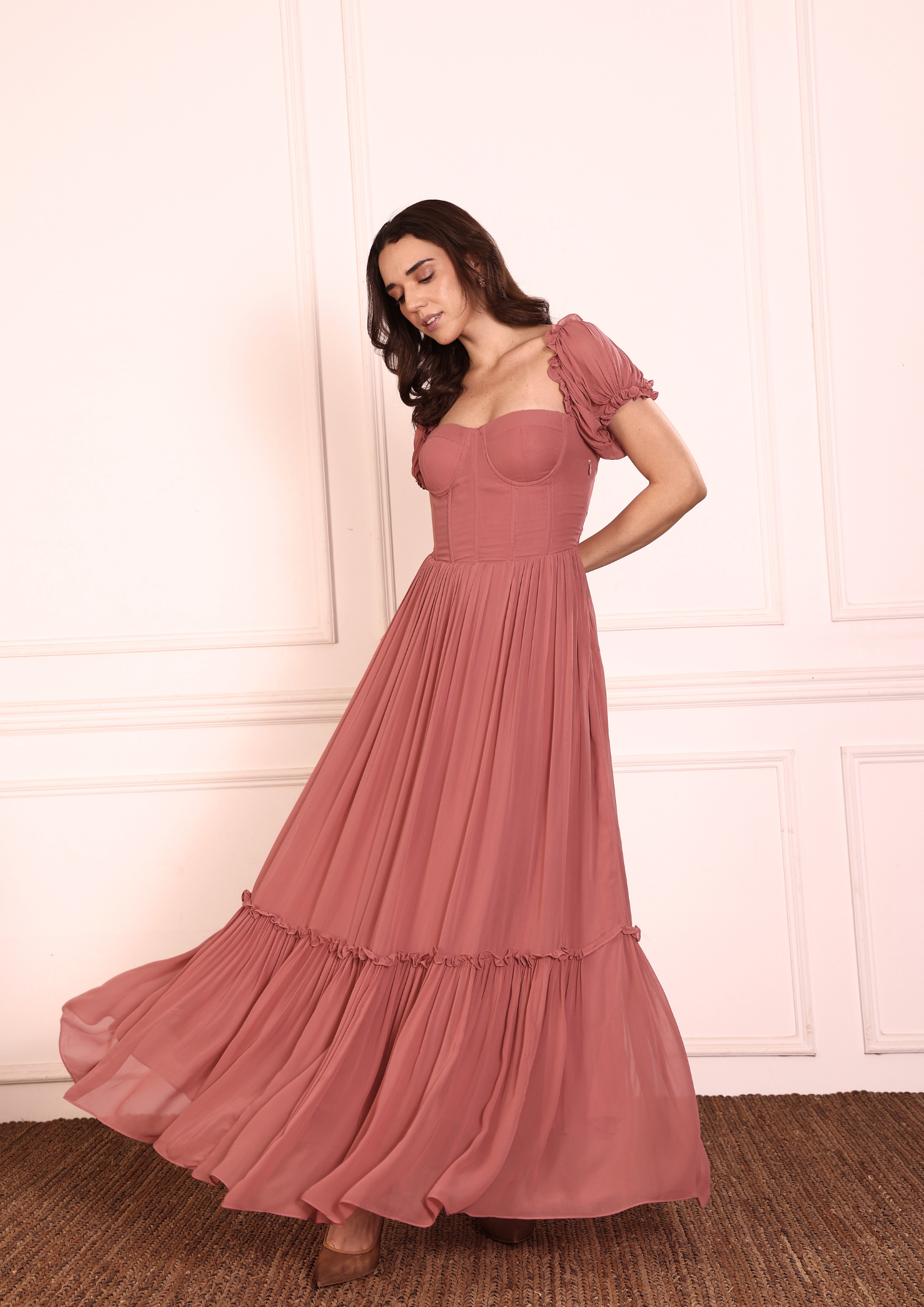 Sehora Theresa Gaajari Coral Maxi Dress – Statement Festive Maxi Dress with Corset Fit and Flowing Georgette Fabric