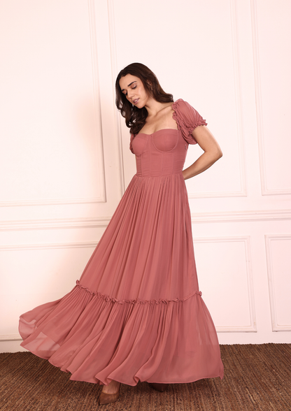 Sehora Theresa Gaajari Coral Maxi Dress – Statement Festive Maxi Dress with Corset Fit and Flowing Georgette Fabric