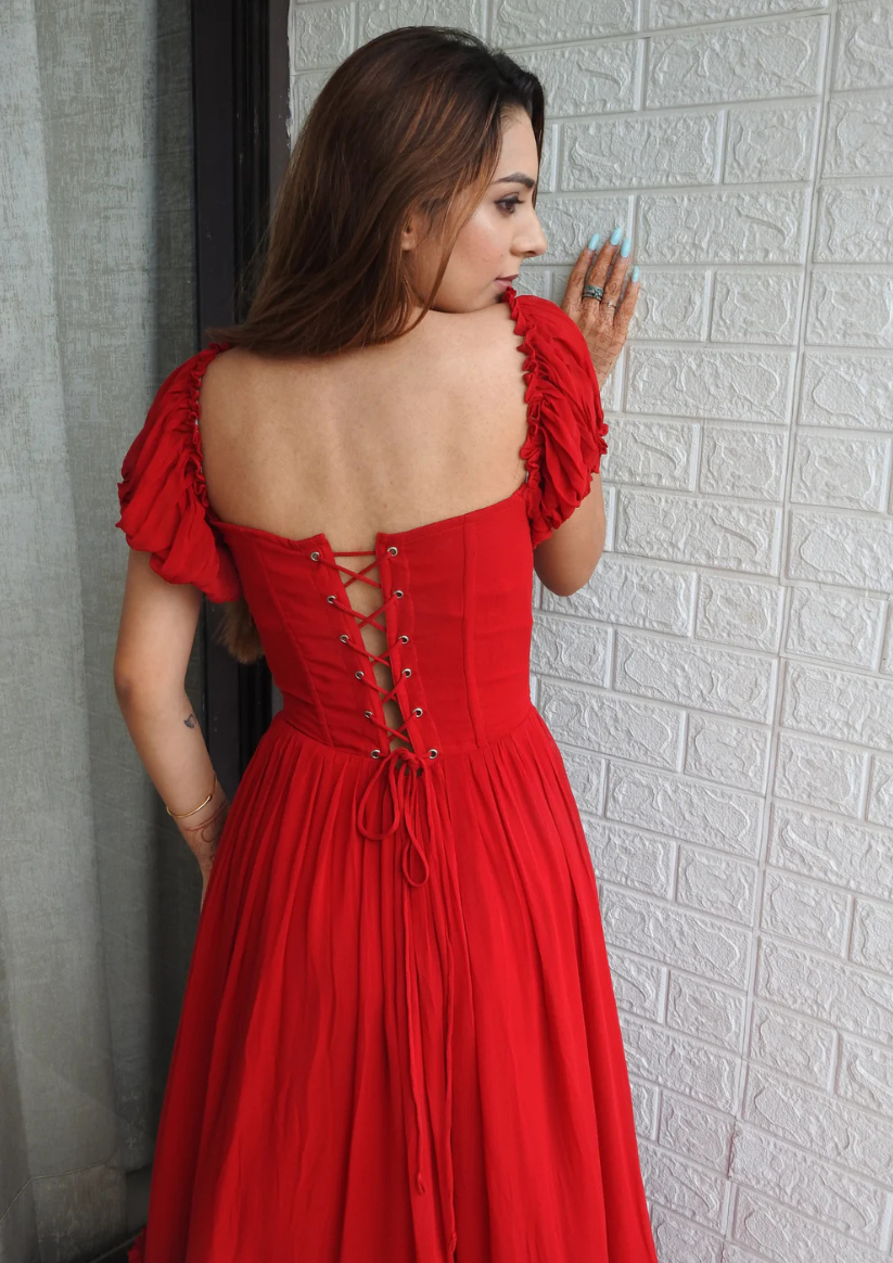 georgette red dress Seoraa Red Off Shoulder Bustier Maxi Dress