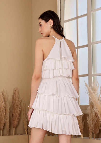 Sioraa Pearl White Dress with romantic tiered hem and graceful style, perfect for brunch dates