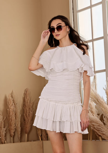 Sioraa Elegant White Frill Dress with romantic layers and strapless style, perfect for summer parties