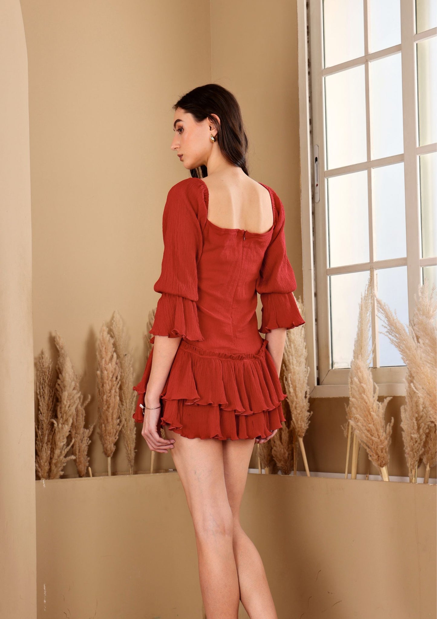 Siora Scarlet Dress with square neckline and billowy sleeves, perfect for evening parties