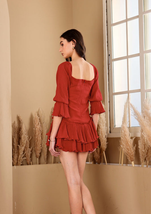 Siora Scarlet Dress with square neckline and billowy sleeves, perfect for evening parties