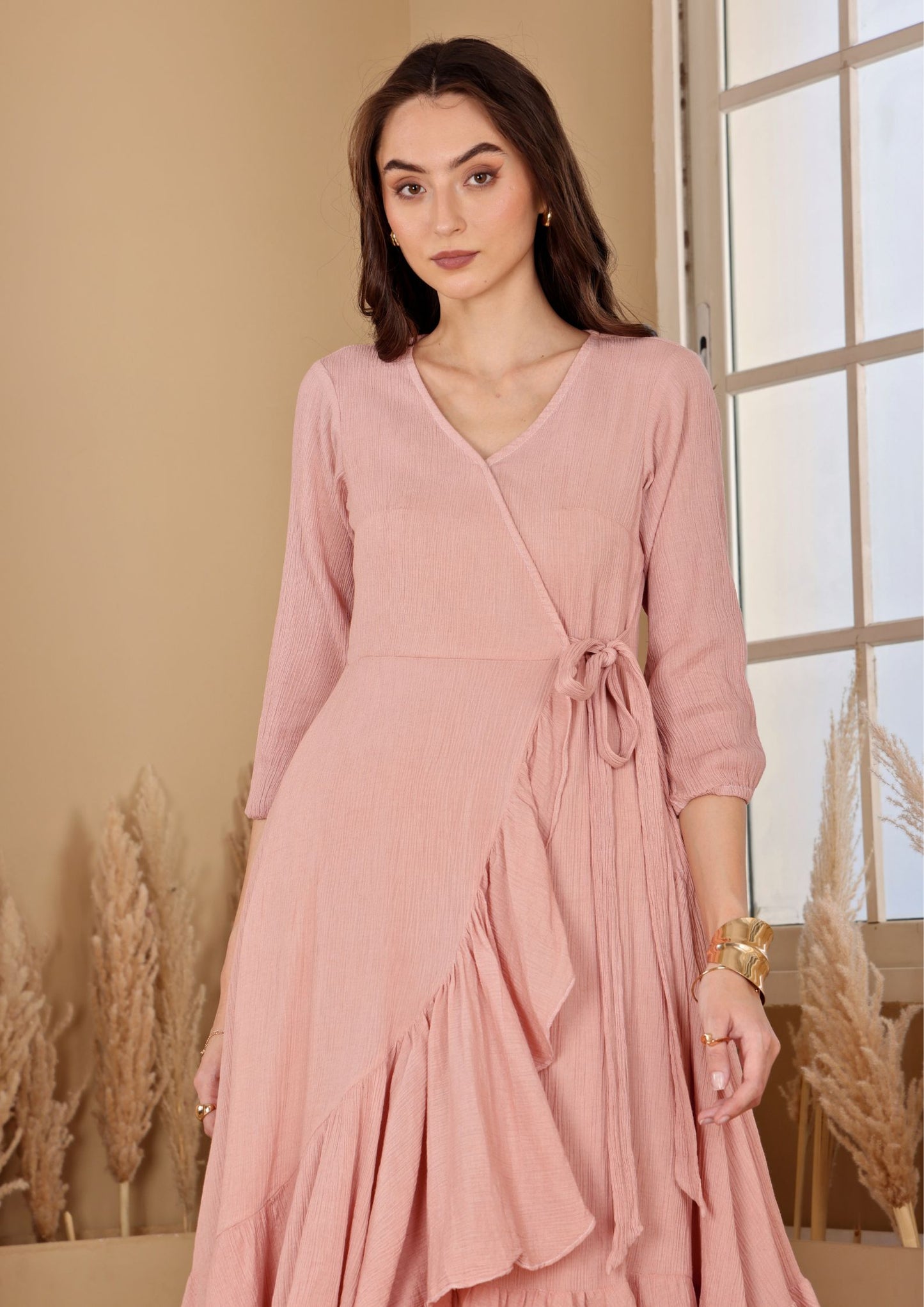 Seora Peach Dress in crushed cotton with lace detailing and feminine fit, perfect for vacations