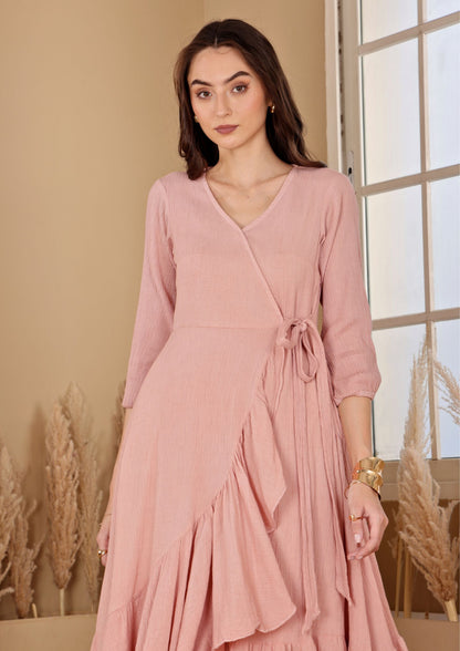 Seora Peach Dress in crushed cotton with lace detailing and feminine fit, perfect for vacations