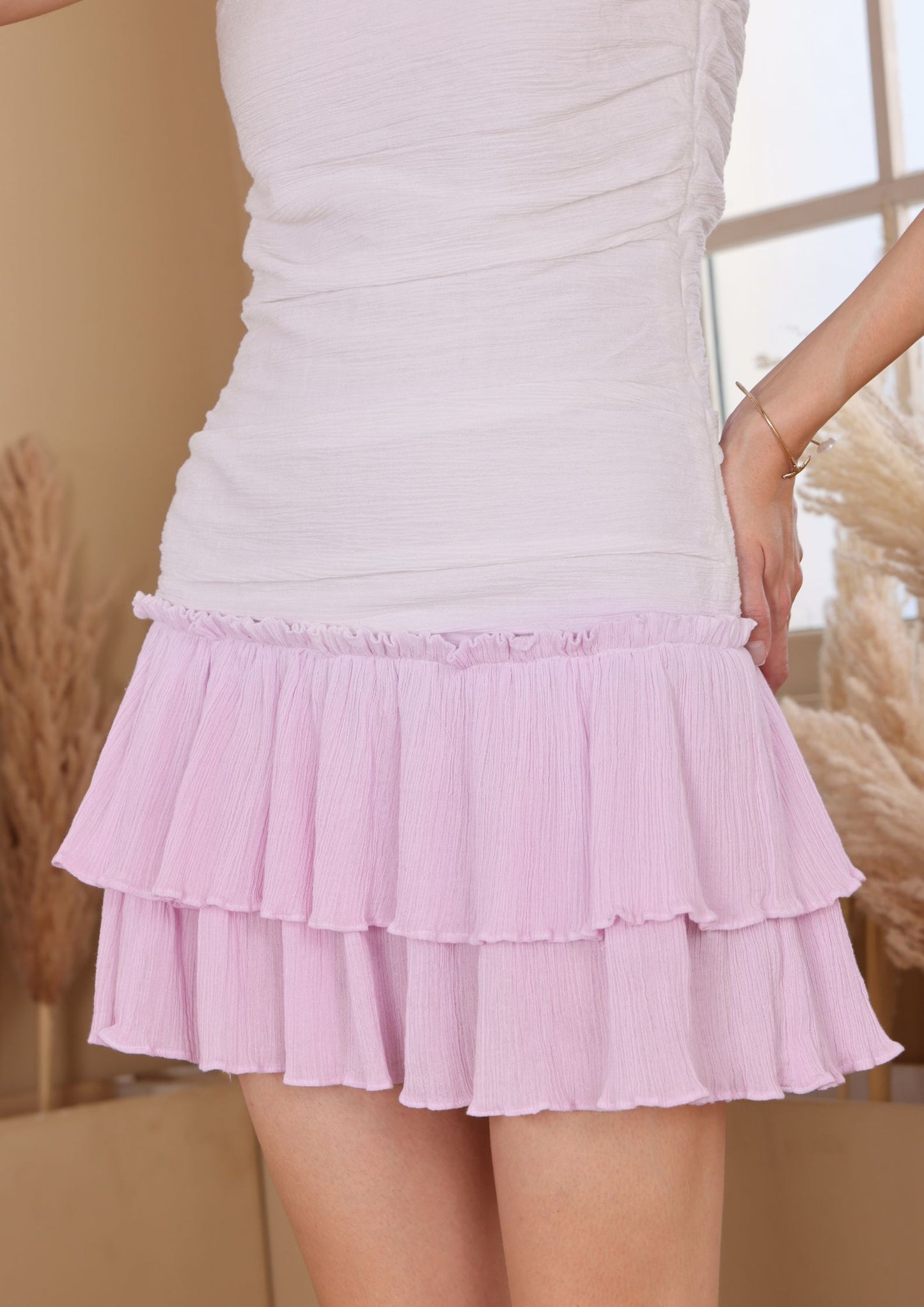 Seora White Lilac Midi Dress in crushed cotton with delicate straps and feminine shape, perfect for vacation dinners
