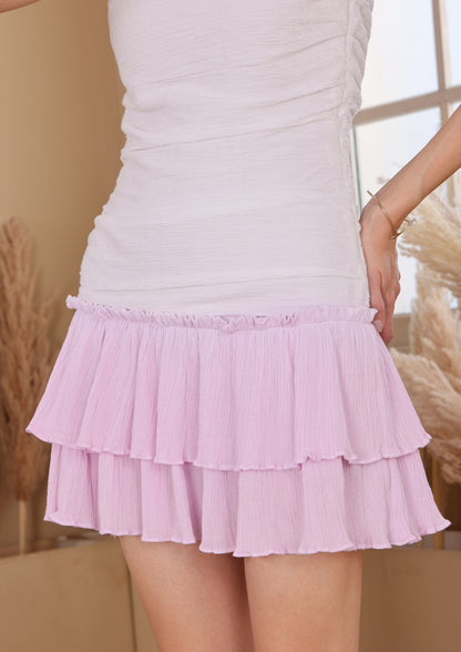 Seora White Lilac Midi Dress in crushed cotton with delicate straps and feminine shape, perfect for vacation dinners