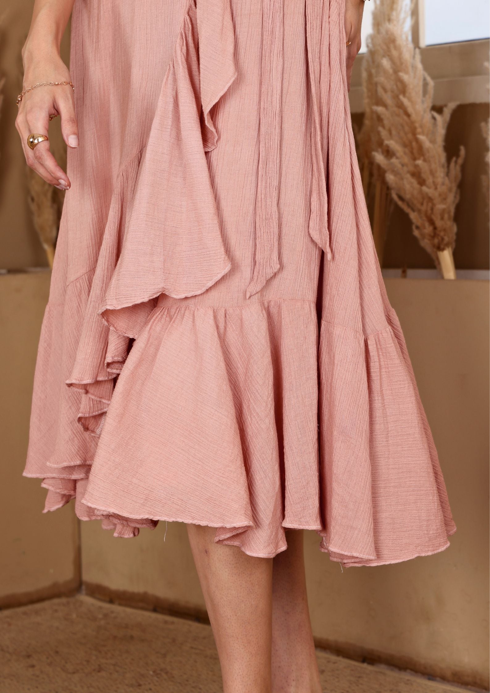 Sioraa Soft Peach Dress with playful pockets and graceful silhouette, perfect for summer parties