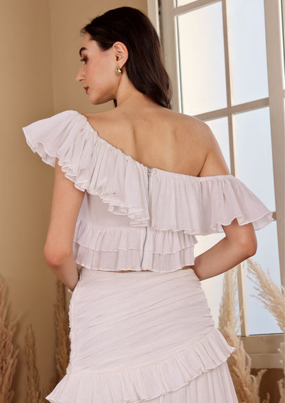 Sioraa Pearl White Off Shoulder Top with graceful silhouette, perfect for brunch looks
