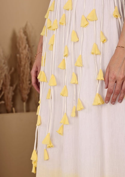 Sehora White Yellow Dress with romantic floral accents and elegant fit, perfect for resort wear