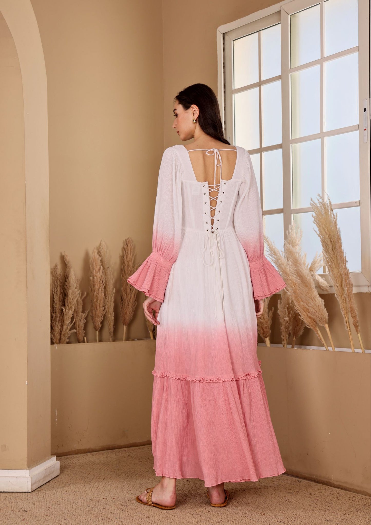 Sehora Elegant White Dress with soft ruffle cuffs and chic style, perfect for resort wear
