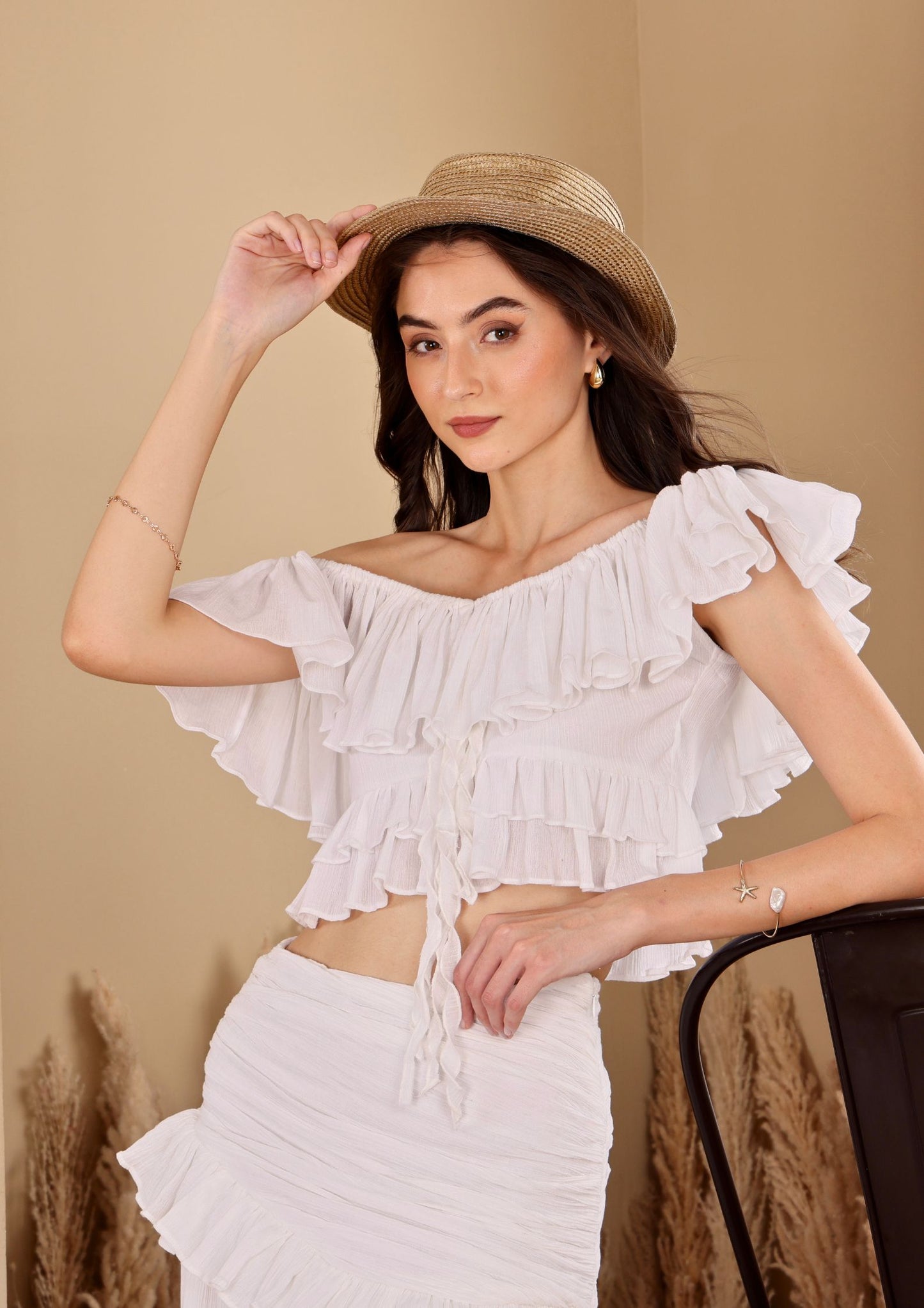 Seoraa White Top with off shoulder neckline and layered ruffles, perfect for summer outings