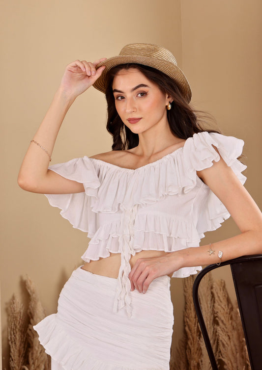 Seoraa White Top with off shoulder neckline and layered ruffles, perfect for summer outings
