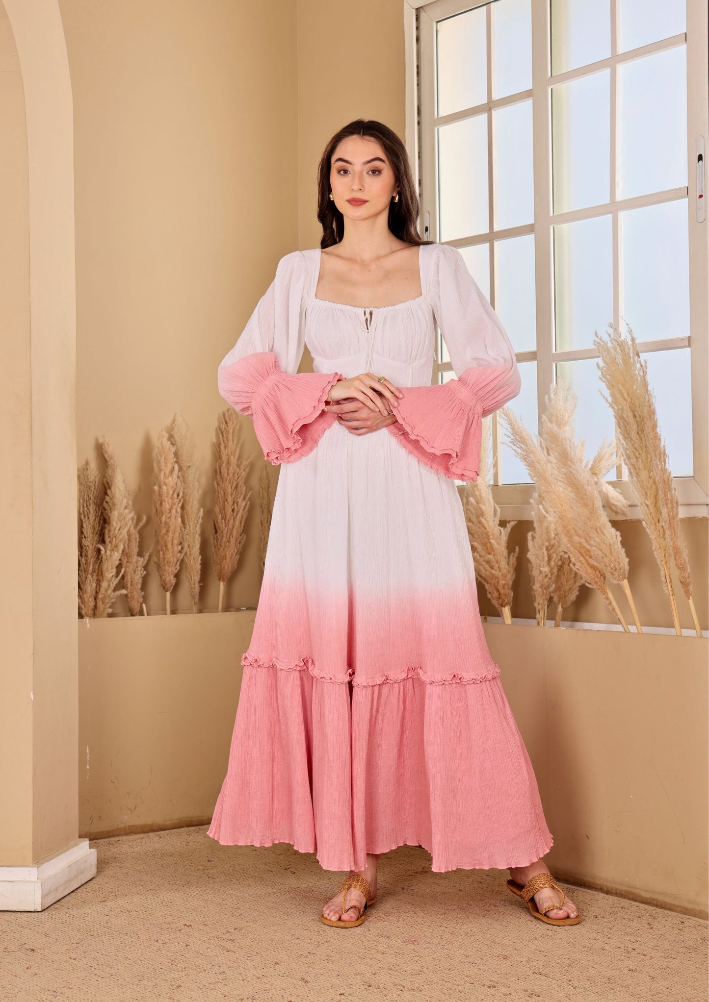 Seoraa White Dress with gathered bodice and breezy tiered silhouette, perfect for brunch outings
