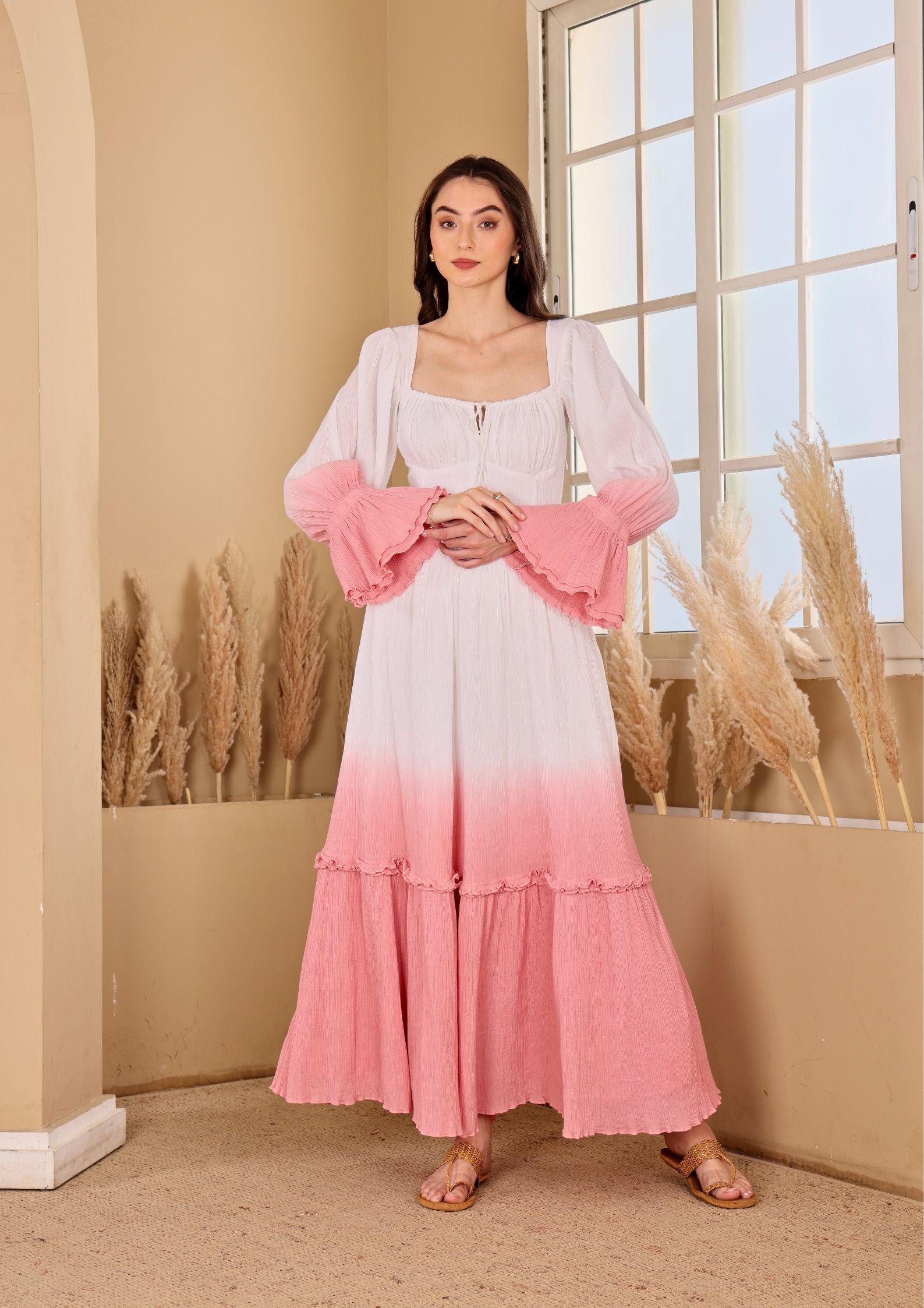 Seoraa White Dress with gathered bodice and breezy tiered silhouette, perfect for brunch outings