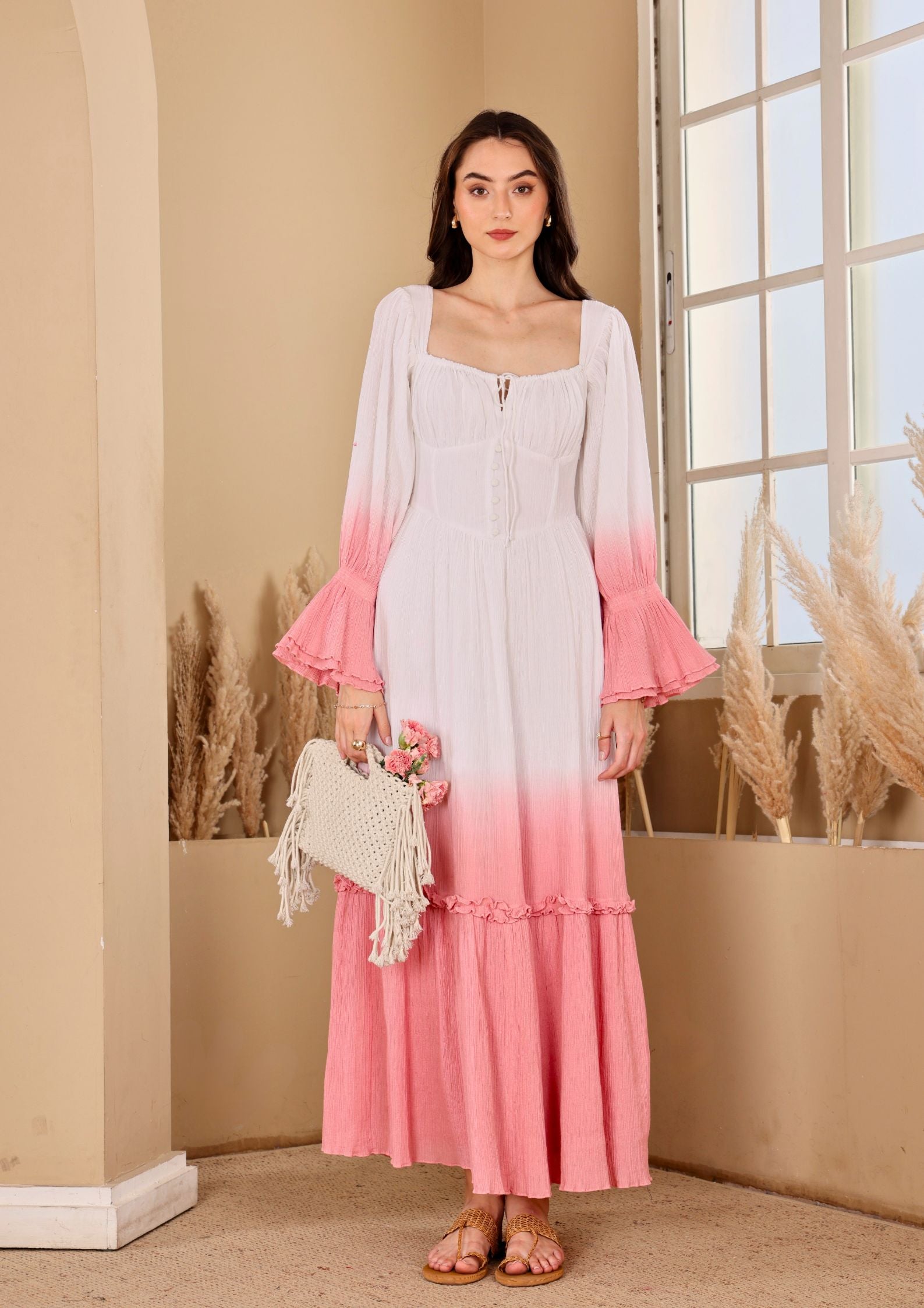 Seoraa White Dress with gathered bodice and breezy tiered silhouette, perfect for brunch outings