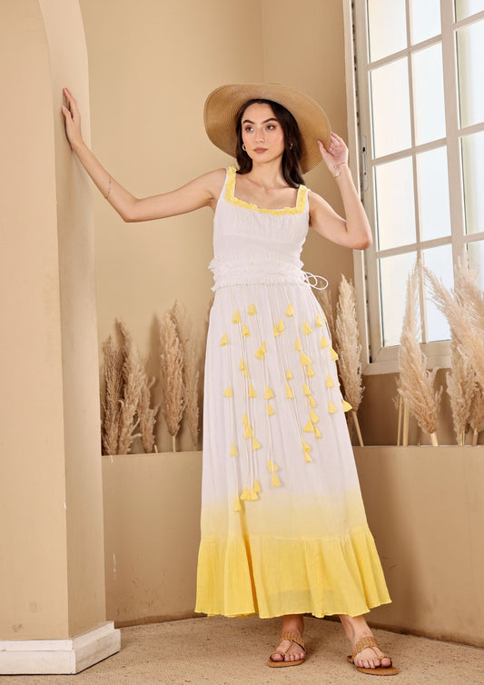 Seoraa White Yellow Dress with strappy bodice and flowing tiered silhouette, perfect for beachside evenings