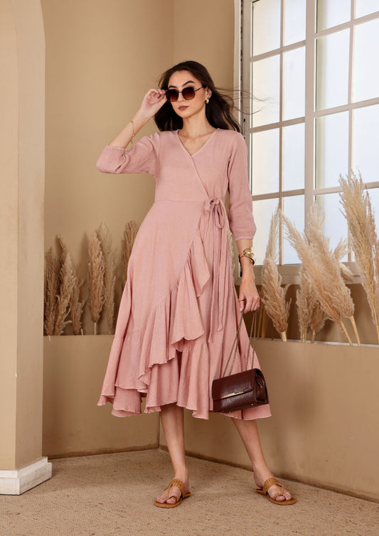 Seoraa Peach Dress with wrap style bodice and puff sleeves, perfect for beachside evenings