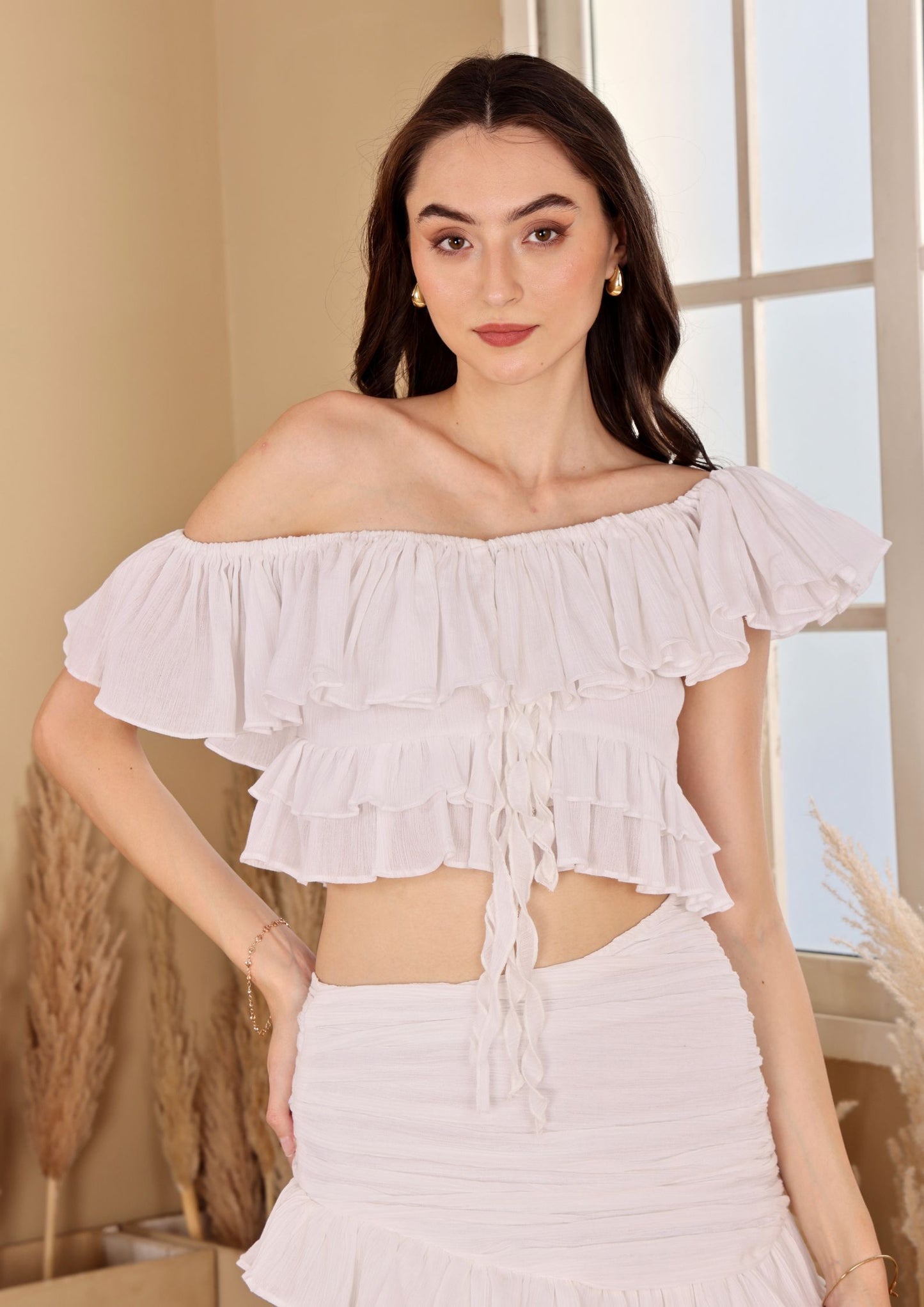 Siora Ivory Co-ord Set with ruched bodice and lace detail skirt, perfect for sunset dates