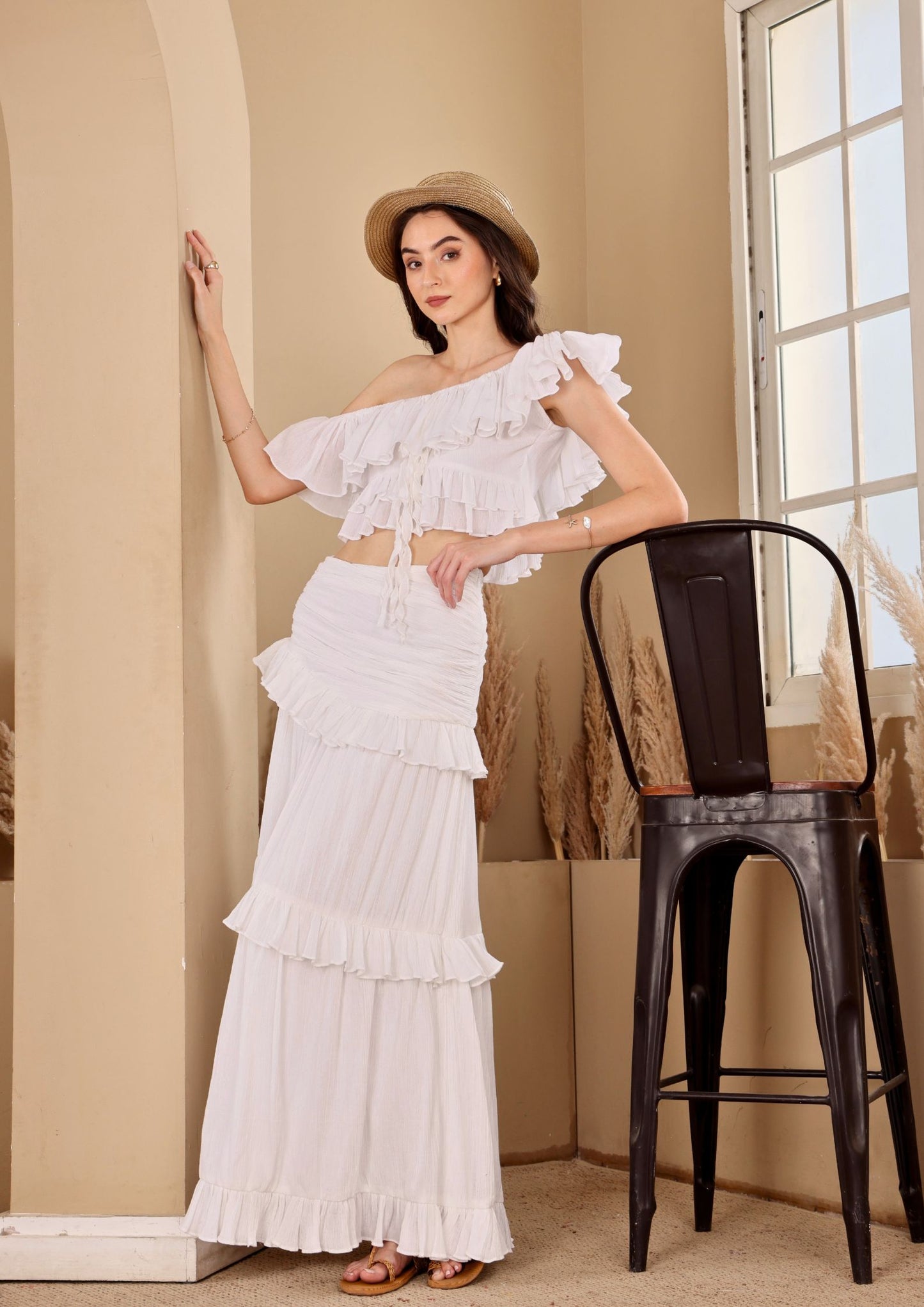 Sioraa Pearl White Set with romantic ruffles and airy silhouette, perfect for brunch outings