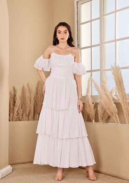 Seoraa White Halter Dress with ruched bodice and layered tiered hem, perfect for beach vacations