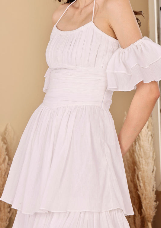 Siora Ivory Tiered Dress with soft frill neckline and breezy silhouette, perfect for sunset dinners